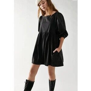 Free People Get Obsessed Black Denim Babydoll Mini Dress | Size XL